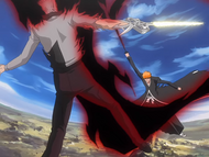 Kariya is hit with a point-blank Getsuga Tenshō by Zangetsu.