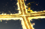 Ichigo fires a Getsuga Jūjishō to counter Uryū Ishida's Sternenstaub.