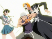 Kensei protegiendo a Lisa de Ichigo.