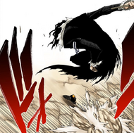 Zangetsu jumps high into the air to evade Ichigo's strike.