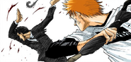 Ichigo smacks Isshin with an umbrella.