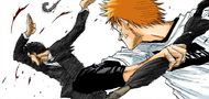 Ichigo smacks Isshin with an umbrella.