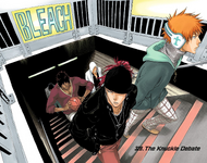 The color spread cover of chapter 328, featuring Ichigo, Renji, Sado, Ikkaku, and Shūhei Hisagi emerging from a subway.