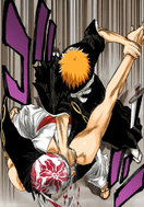 Ichigo hits Ganju with a full-force punch.