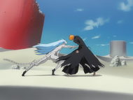 Grimmjow stabs his hand into Ichigo's side.