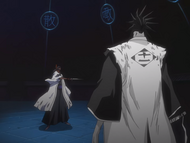 Tōsen traps Kenpachi in his Bankai, Suzumushi Tsuishiki: Enma Kōrogi.