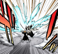 Kenpachi attacks Ichigo after the latter succeeds in cutting him.