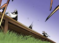 Hinamori lands on the platform between Hitsugaya and Gin.