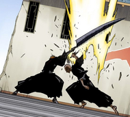 Ichigo defeats Ikkaku with another small Getsuga Tenshō.