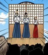 Aoga and Kanisawa stand with Shūhei Hisagi as he addresses the class.