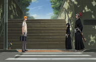 Ichigo is greeted by Rukia Kuchiki and Renji Abarai.