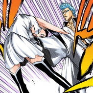 Grimmjow kicks Loly hard in the stomach.