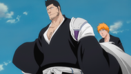 Isshin arrives in the fake Karakura Town, surprising Ichigo.