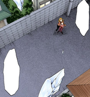 Orihime watches Hitsugaya and Rangiku fight from below.