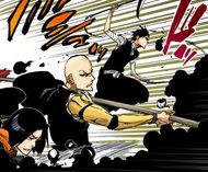 Hisagi, Ikkaku, and Yumichika fight off the eyeball creatures.