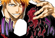 Ichigo drops the shredded tassel of Hōzukimaru, revealing that he can keep up with Ikkaku's movements.