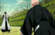 Ikkaku challenges Kenpachi's clone.