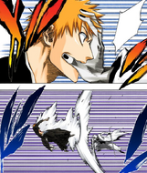 Zangetsu grabs Ichigo by the face and throws him away.