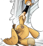 Ichigo slams Kon into the side of the house to clean the dirt off him.