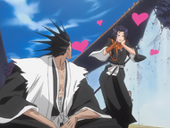 Kenpachi surprised by Yumichika after defeating Hisagi.