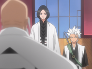 Unohana watches as Yamamoto assigns Hitsugaya to the task of tracking down the Bount.