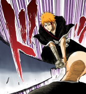 Ichigo attacks Ikkaku after wrapping up his arm wound.