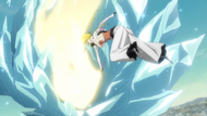 Harribel forms a ribbon of Reiryoku as she uses Ola Azul to attack Hitsugaya, forcing him to use his Bankai.