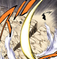 Ichigo fires another Getsuga Tenshō directly at Byakuya from above.