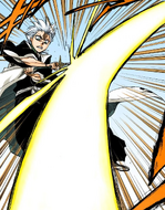 Harribel slashes at Hitsugaya while using Ola Azul to enhance her attack power.