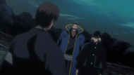 Aizen confronted by Kisuke and Tessai.