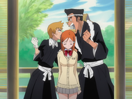 Kiyone and Sentarō argue over Orihime.