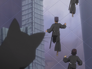 Yoruichi watches Shinigami from a roof.
