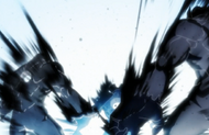 Ichigo obliterates several Hollows with a black Getsuga Tenshō.