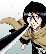 Rukia finds Aaroniero suddenly aiming his Zanpakutō at her face.