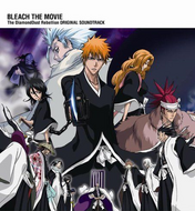 Hitsugaya, Ichigo, Rukia, Renji, Rangiku, Kusaka, and several captains on the cover of the Bleach: The DiamondDust Rebellion OST.