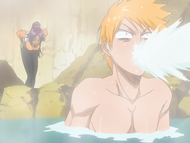 Ichigo spews water upon learning of Yoruichi's intentions.