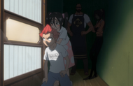 Ururu, Jinta Hanakari, Yoruichi Shihōin, and Tessai Tsukabishi listen to Kisuke Urahara talk with Ichigo Kurosaki.