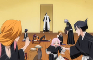 Byakuya discovers the Women's association in their club room at the Kuchiki estate.