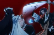 Yumichika severs Bambietta's arm after Ikkaku impales her.