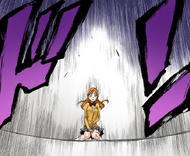 Orihime experiences a powerful Reiatsu from Ichigo, Sado, and Uryū entering Hueco Mundo.