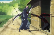 Kazeshini stabs his other kusarigama into the red-eyed Tōjū.