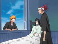 Byakuya and Renji's conversation is interrupted by Ichigo.