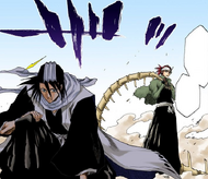 Renji observes that Byakuya is down on one knee.