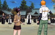 Suì-Fēng and several other Shinigami confront Ichigo Kurosaki and Senna.