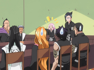 Byakuya pleases Yachiru by agreeing with her at a lieutenants meeting.