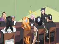 Byakuya pleases Yachiru by agreeing with her during a lieutenants meeting.