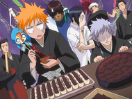 Renji and his friends are disgusted by Rangiku's cooking.