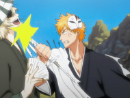 Ichigo angrily jabs Urahara's face with his broken Zanpakutō.