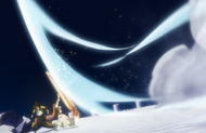 Orihime redirects Gerard Valkyrie's slash with Santen Kesshun to protect Ganju.