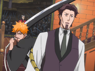 Ichigo moves behind Utagawa with Shunpo and prepares to attack him.